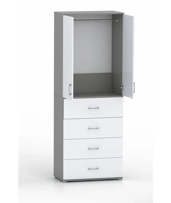 Szafa na ubrania z drążkiem Pola 215 - 4 szuflady 60 / 70 / 80 cm szara z białymi frontami